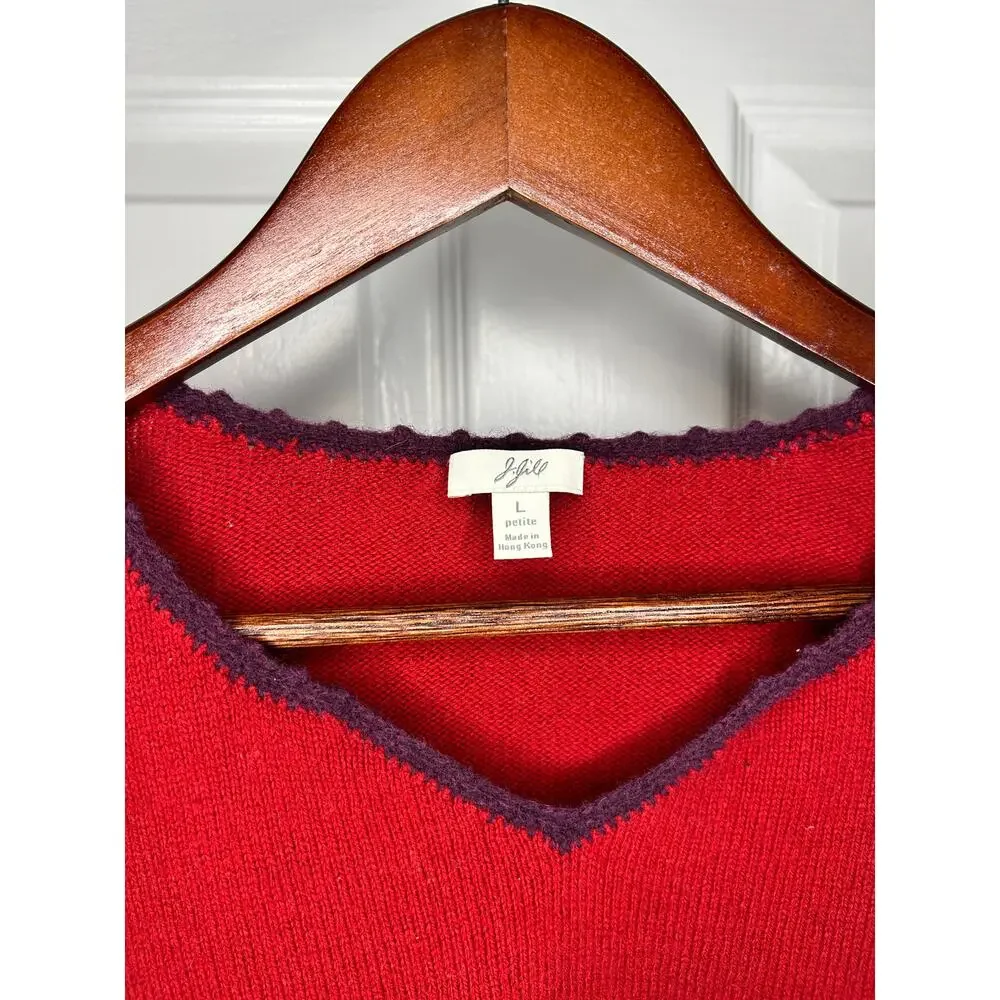 J.Jill Petite Red Embellished Fair Isle V Neck Sweater LP